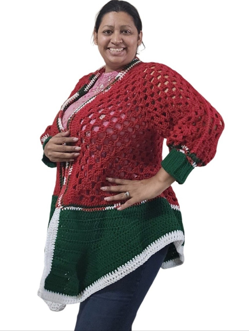Handmade Crochet Christmas Cardigan Red Green White Grannycore OOAK Sweater - Picture 6 of 17